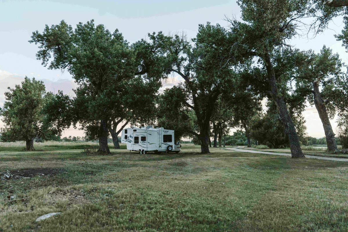 Pitched tent on the Platte River Fort campgrounds in Greeley